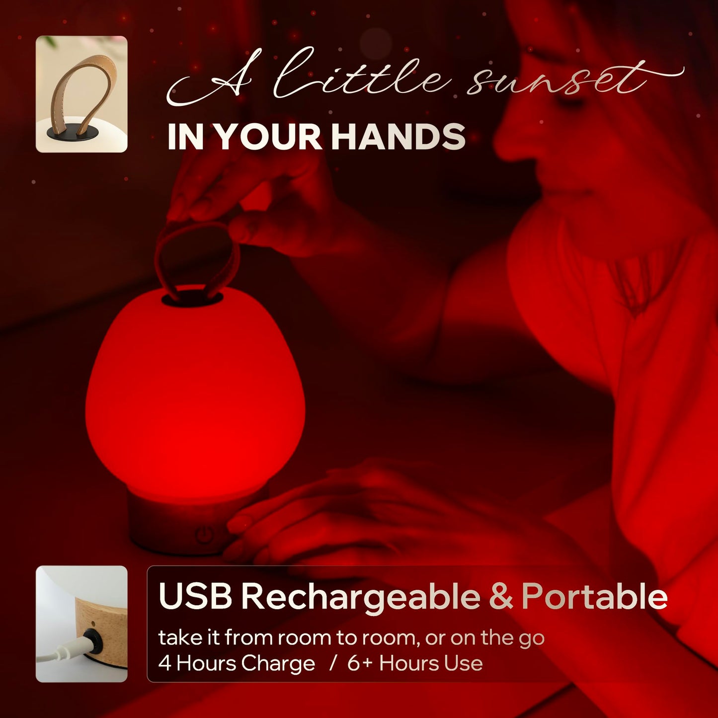 Red Light Therapy Sleep Lamp – 660nm Glow for Better Sleep | Cordless, Dimmable Night Light with Timer | Rechargeable, Portable Red Lamp for Bedroom (Light Wood)
