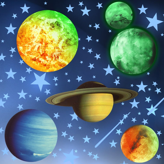 Glow in the Dark Blue Solar System Planets and Stars