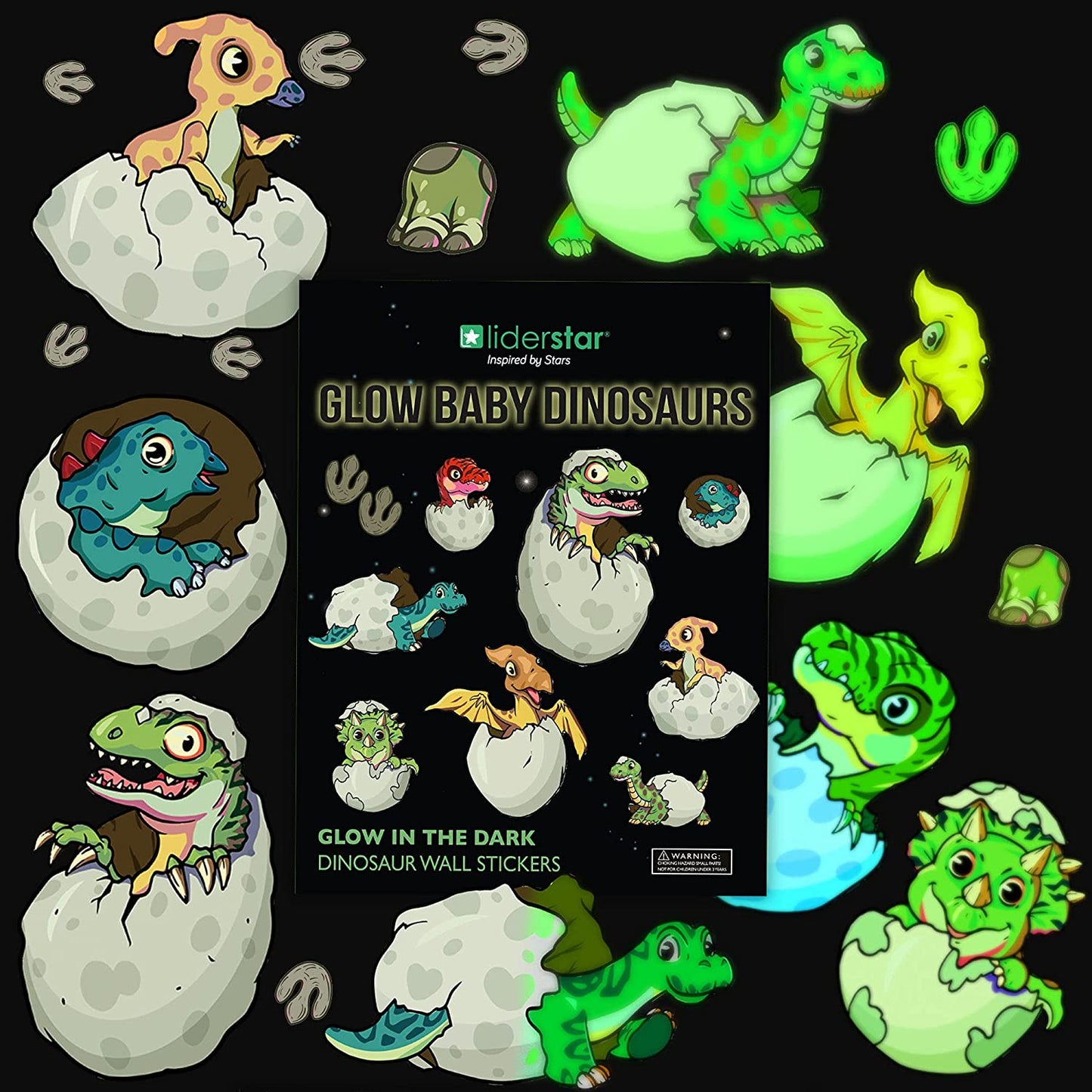 Glow in the Dark Baby Dinosaur and Footprints Stickers