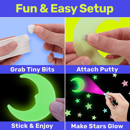 Glow in The Dark Stars for Ceiling, Luminous Stars and Moon Stickers, Kids Wall Decor, Sticky Fluorescence Stars, Include Flashlight, Colourful Ceiling Stars for Kids Room