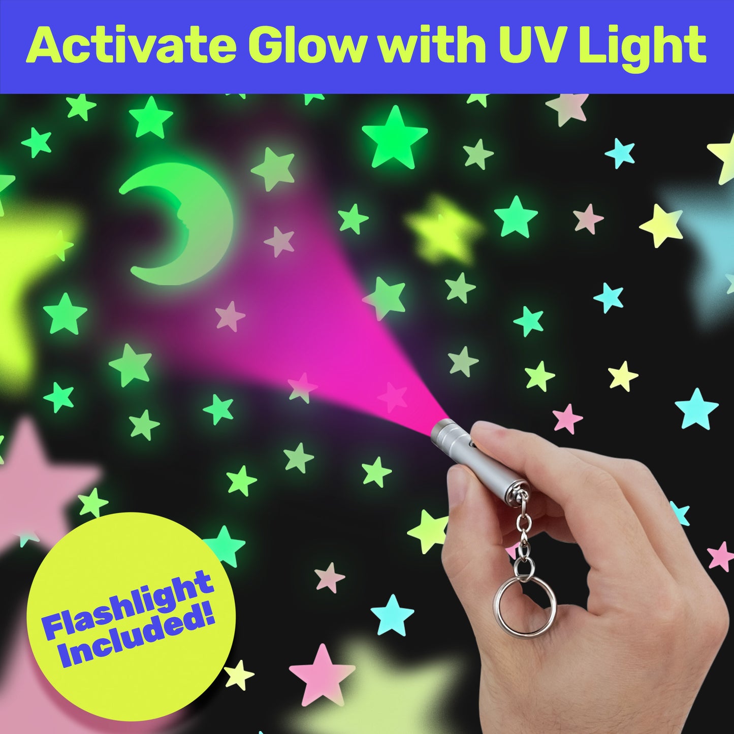 Glow in The Dark Stars for Ceiling, Luminous Stars and Moon Stickers, Kids Wall Decor, Sticky Fluorescence Stars, Include Flashlight, Colourful Ceiling Stars for Kids Room