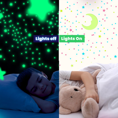 Glow in The Dark Stars for Ceiling, Luminous Stars and Moon Stickers, Kids Wall Decor, Sticky Fluorescence Stars, Include Flashlight, Colourful Ceiling Stars for Kids Room