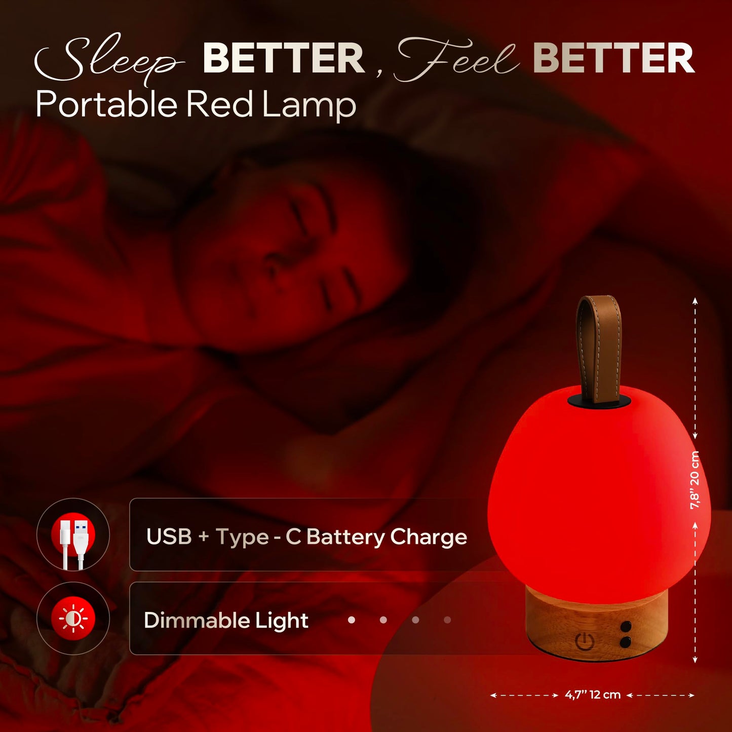 Red Light Therapy Sleep Lamp – 660nm Glow for Better Sleep | Cordless, Dimmable Night Light with Timer | Rechargeable, Portable Red Lamp for Bedroom (Light Wood)