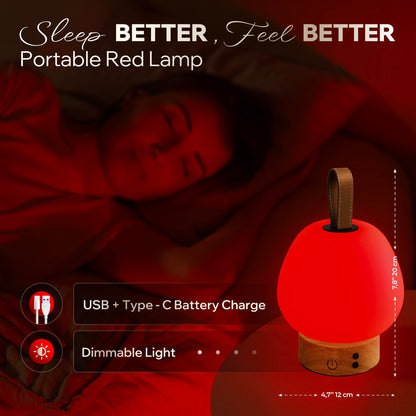 Red Light Therapy Sleep Lamp – 660nm Glow for Better Sleep | Cordless, Dimmable Night Light with Timer | Rechargeable, Portable Red Lamp for Bedroom (Light Wood)
