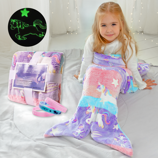 Mermaid Tail Blanket for Girls,Glow in The Dark Blanket, Snuggle Girls Throw, Plush Cozy Soft Fleece Girls Blanket Age 2-12, Toddler Mermaid Tail Blanket, Unicorn Gift Idea (Unicorn)