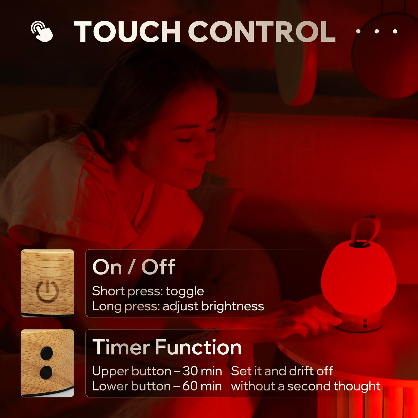 Red Light Therapy Sleep Lamp – 660nm Glow for Better Sleep | Cordless, Dimmable Night Light with Timer | Rechargeable, Portable Red Lamp for Bedroom (Light Wood)