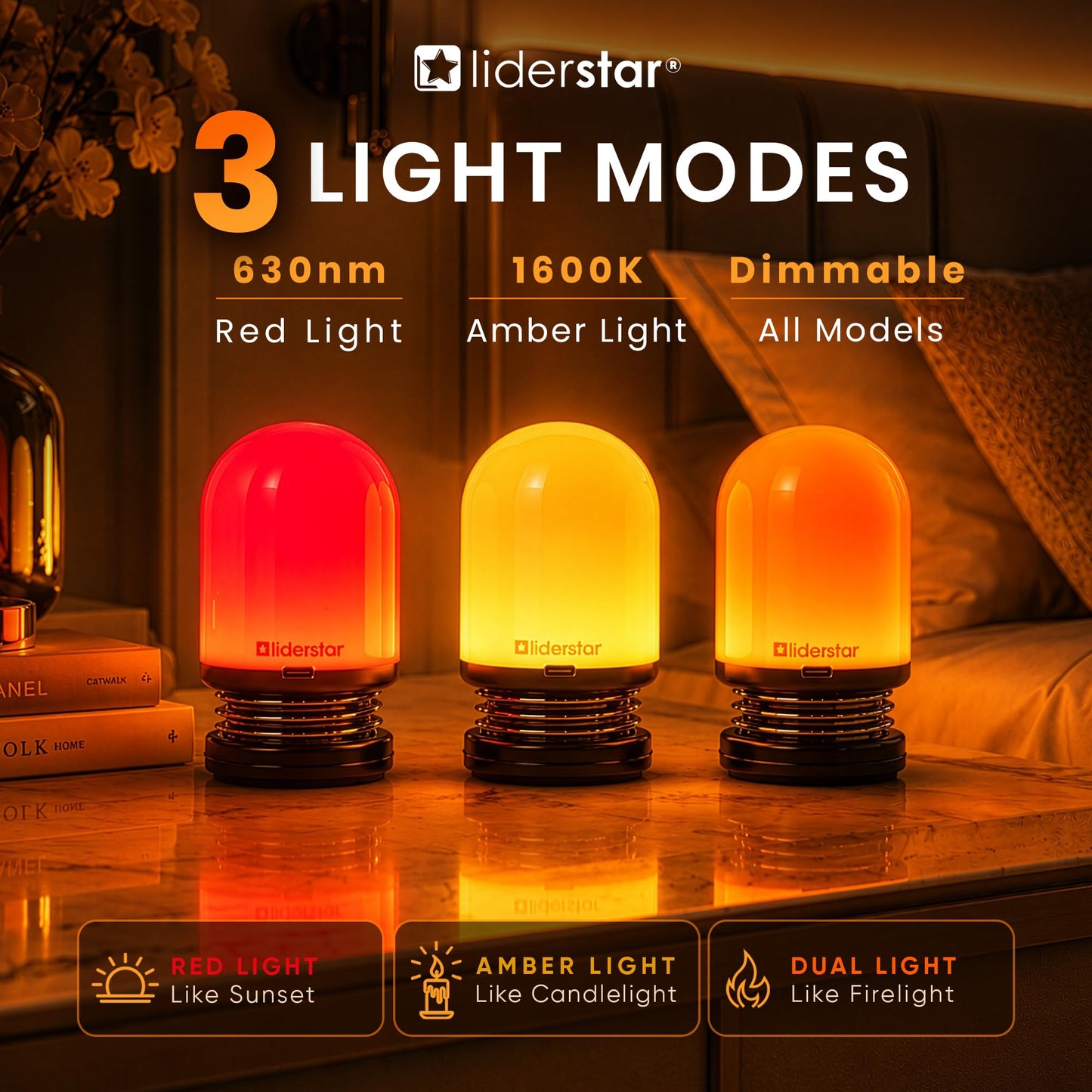 Red Light Night Light for Sleep, 3 Light Modes in One Lamp, Amber Light, Red Light & Dual Light, Rechargeable Dimmable Bedside Reading Lamp, Portable Night Light for Bedroom & Nursery