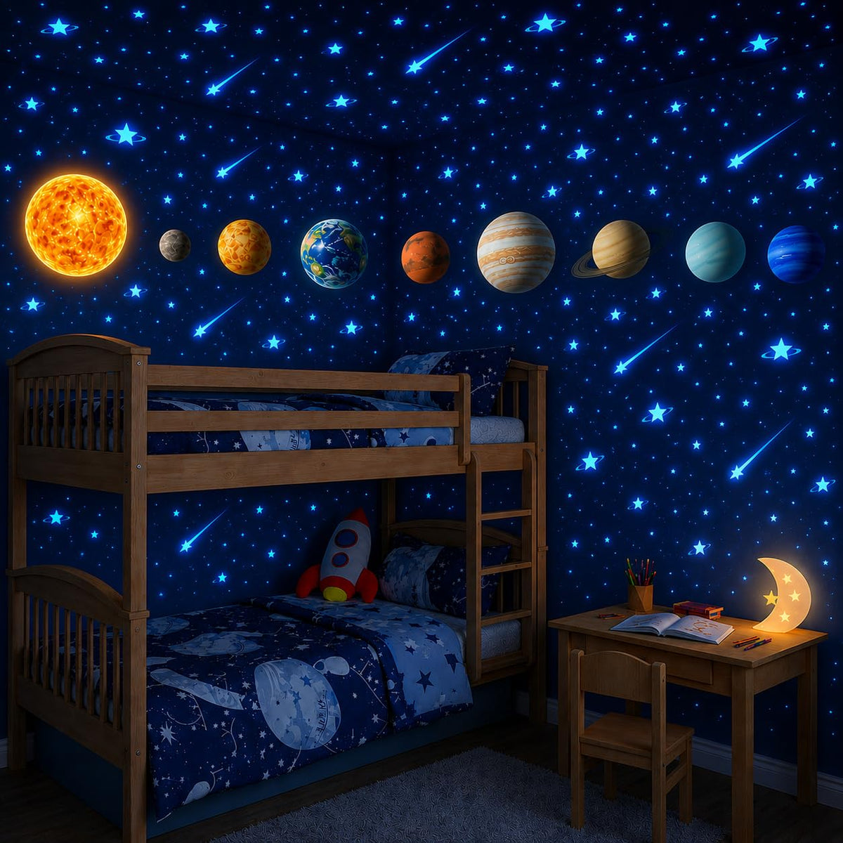 Glow in the Dark Blue Solar System Planets and Stars