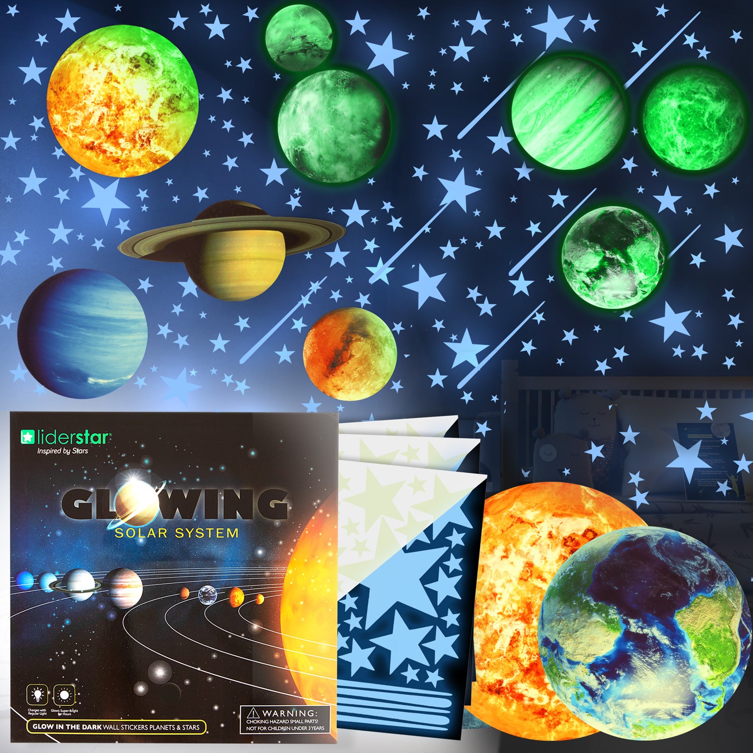 Glow in the Dark Blue Solar System Planets and Stars