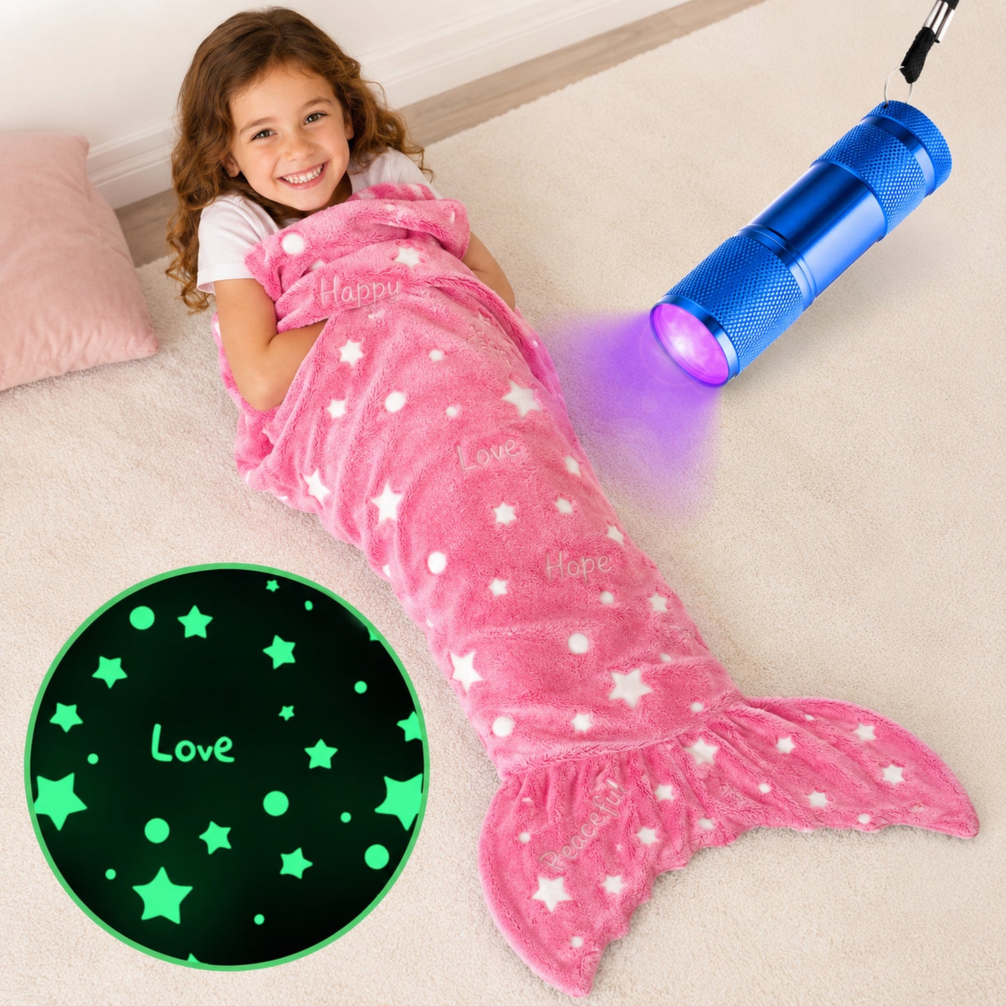 Glow In The Dark  Mermaid Tail Blanket with glowing stars, empowering words