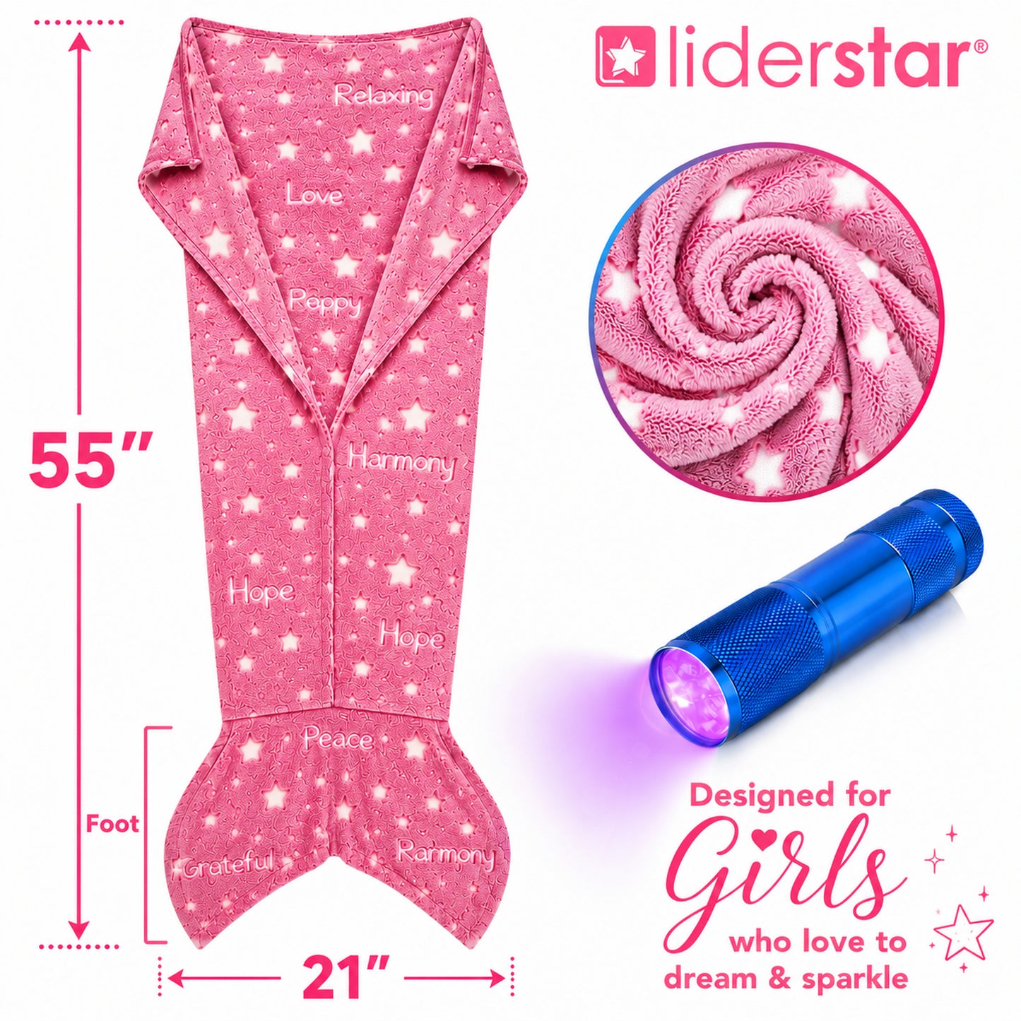 Glow In The Dark  Mermaid Tail Blanket with glowing stars, empowering words