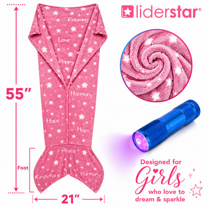 Glow In The Dark  Mermaid Tail Blanket with glowing stars, empowering words
