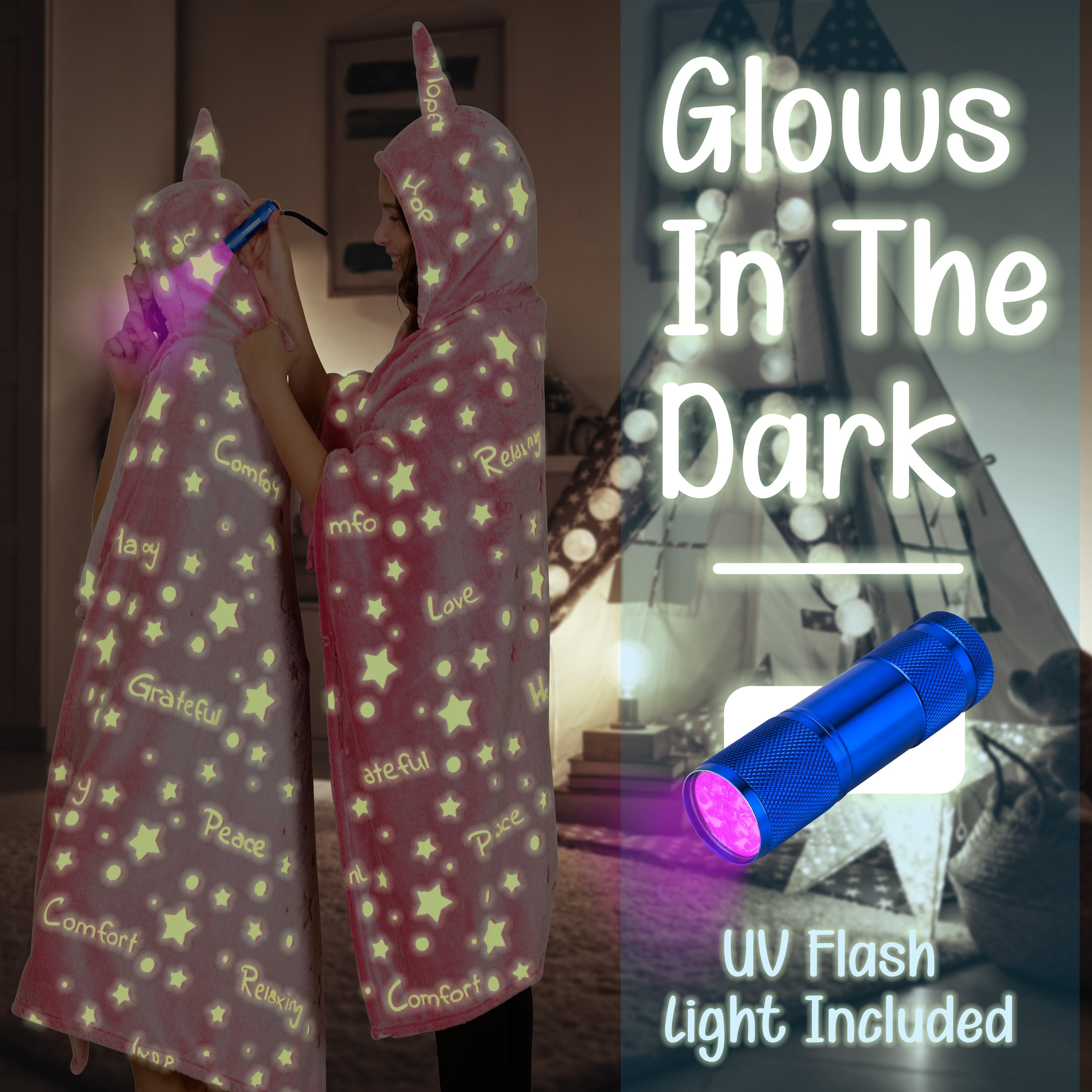 Glow In The Dark Hooded Unicorn Blanket including UV flashlight